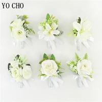 yo cho boutonniere groomsman wedding silk roses white bridesmaid wrist bracelets flowers buttonhole wedding accessories