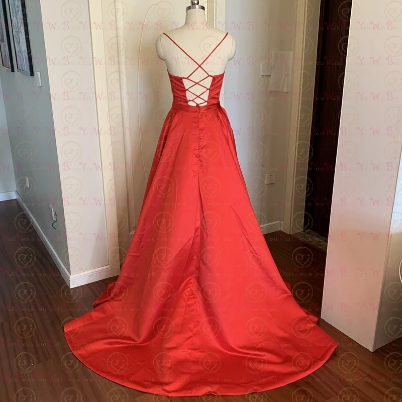 Sexy Deep V Neck Evening Dresses Special Occasion Red with Pockets Beaded Rhinestone Sweep Train Lace Up Back Prom Gowns Custom | Свадьбы и