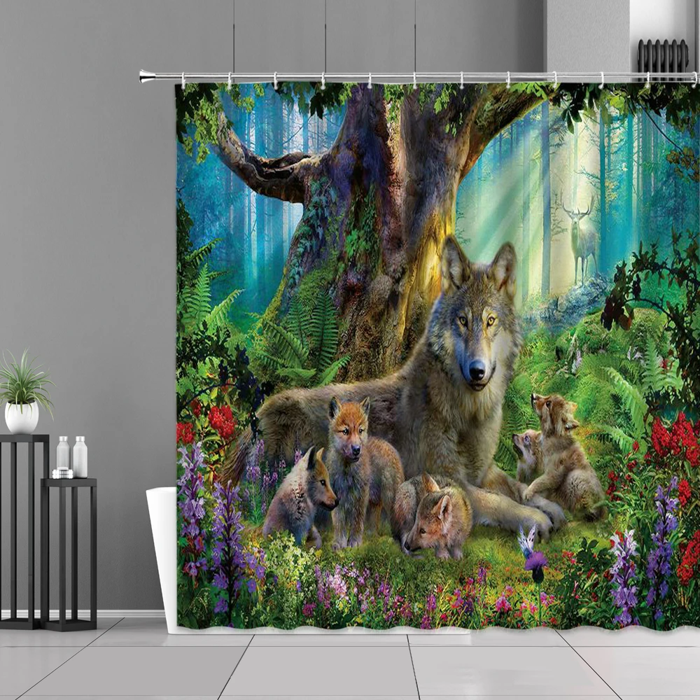 

Funny Animal Shower Curtains Lion King Leopard Wolf Bathroom Screen Cloth Curtain Bathtub Decoration Waterproof Polyester Fabric