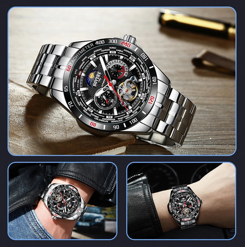 

BOYZHE 2020 Skeleton Tourbillon Mechanical Watch Men Top Brand Luxury Steel Belt Leather Men Automatic Watch Clock Reloj Hombre