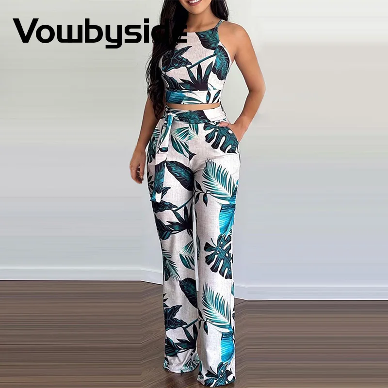 

Tropical Print Crop Tops & Pocket Design Pants Set Women Summer Two Piece Set