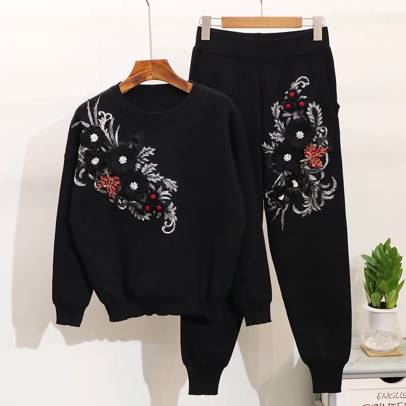 

Amolapha Women 3D Flowers Sequined Embroidery Knitted Sweater Tops +Trousers Clothing Sets Thicken Knitting Pants Suits