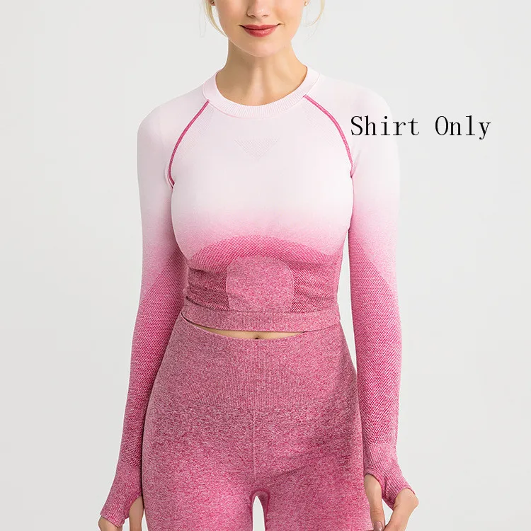 Pink White Shirt Женский укороченный бесшовный топ с длинным рукавом с изображением акулы, женские футболки для тренировок, женские спортивные топы для спортзала - Цвет: Pink White Shirt