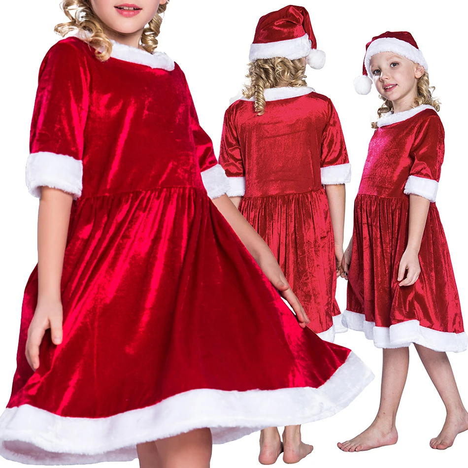 

Christmas Kids Girls Fleece Dress O-Neck Long-Sleeve High-Waist Girls Red Xmas Clothes with Hat Party Santa Dresses 110-150cm