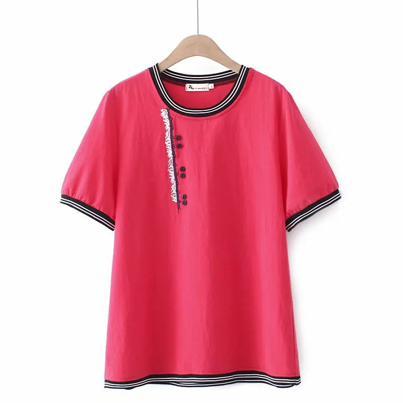 

Plus Size XL-4XL Women's Embroidery Tshirts Full Cotton Short Sleeve Striped Tops Oversized A-line Shirts