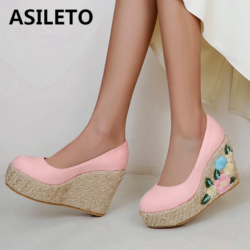 

ASILETO New 2021 Women Pumps Round Toe 12.5cm High Wedges Heels Flock Slip-On Flower Big Size 30-48 Casual Summer A3712