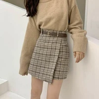 houzhou wool plaid skirt women vintage high waist irregular patchwork a line mini skirts with belt autumn korean fashion casual
