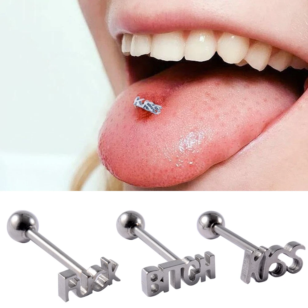 

5PCS Surgical Steel KISS Letter Tongue Rings Punk Style Hypoallergenic Tongue Barbell English Letter Tongue Piercing Jewelry 14g