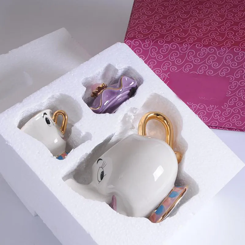 

New 18K Gold-plated Painted Ceramic Cartoon Beauty And The Beast Teapot Mug Mrs Potts Chip Tea Pot Cup Set Cogsworth Gift