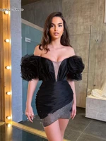 chic short black sheath prom dresses pleats ruffles off the shoulder mini cocktail party dress special occasion gowns robes