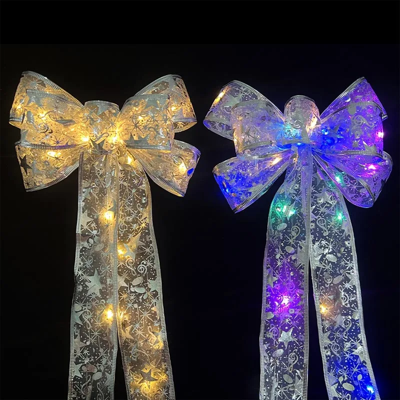 

Gold Silver Double Layer Fairy Light Strings Christmas Ribbon Bows With LED Christmas Tree Ornaments New Year Navidad Home Decor