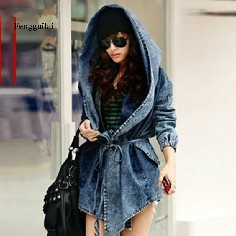

Denim Outerwear Autumn/Winter Women Casual Fashion Windbreaker Denim Women Coats Hooded High-end Cowboy Trench Coats