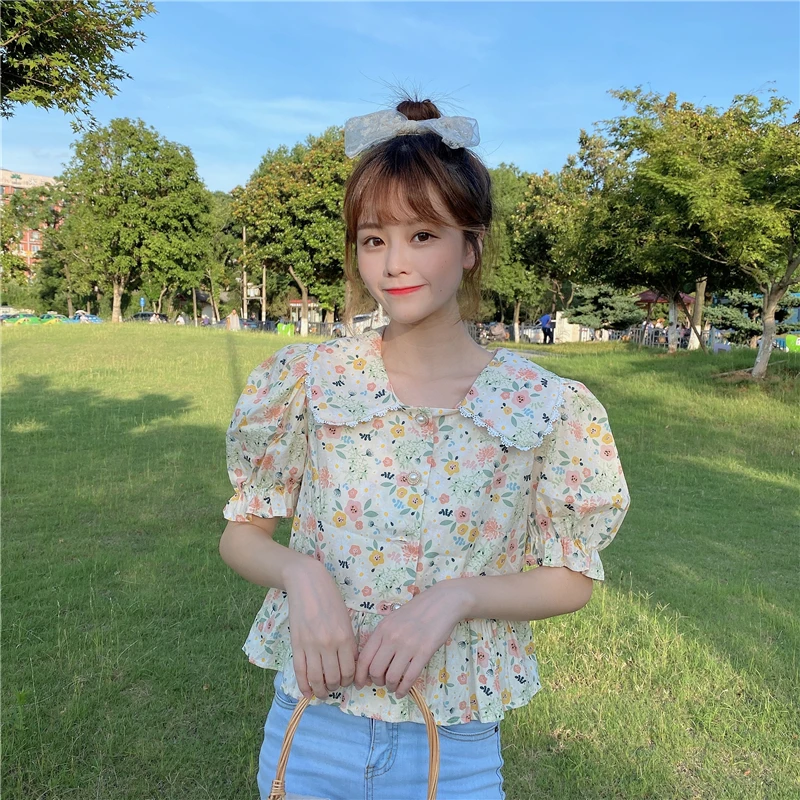 Летний укороченный топ с принтом Питер Пэн и воротником Женская одежда Шикарные