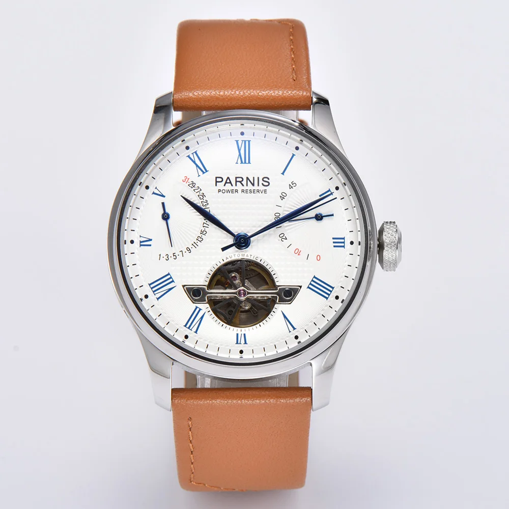 

Parnis 43mm Black Dial Men's Automatic Watch Silver case Leather strap Calendar Kinetic Flywheel Power Reserve Mechanical Watch