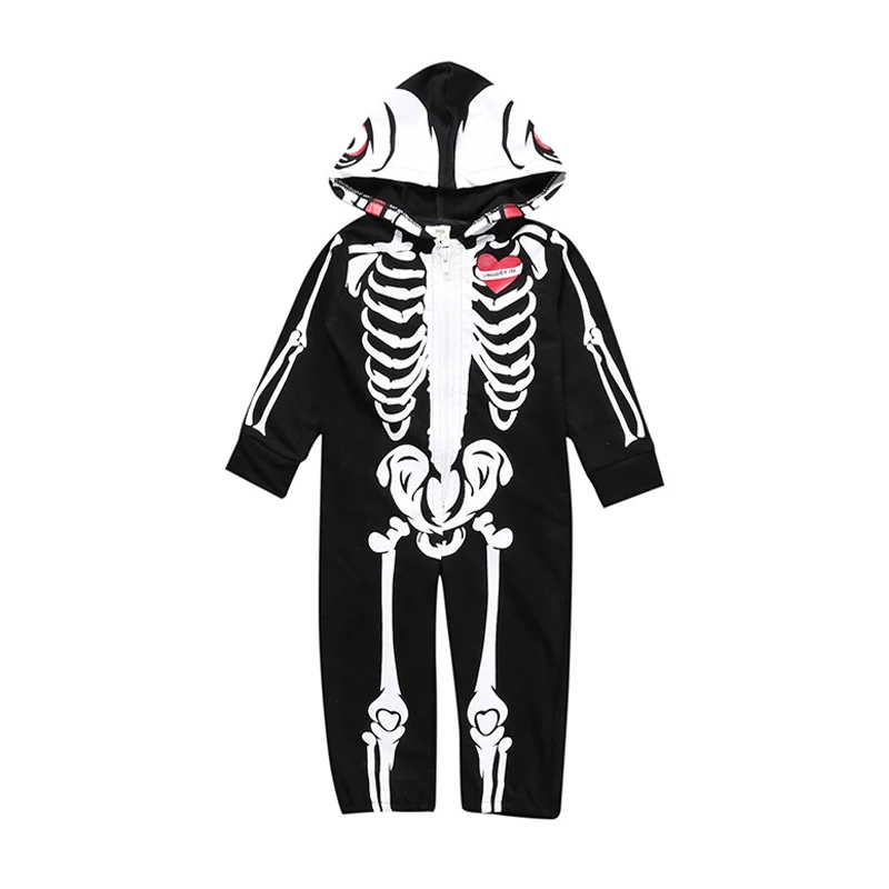 

27kids Newborn Halloween Clothing Skull Print Toddler Baby Long Sleeve Rompers Hooded Jumpsuit Zipper Costume 3-24Months