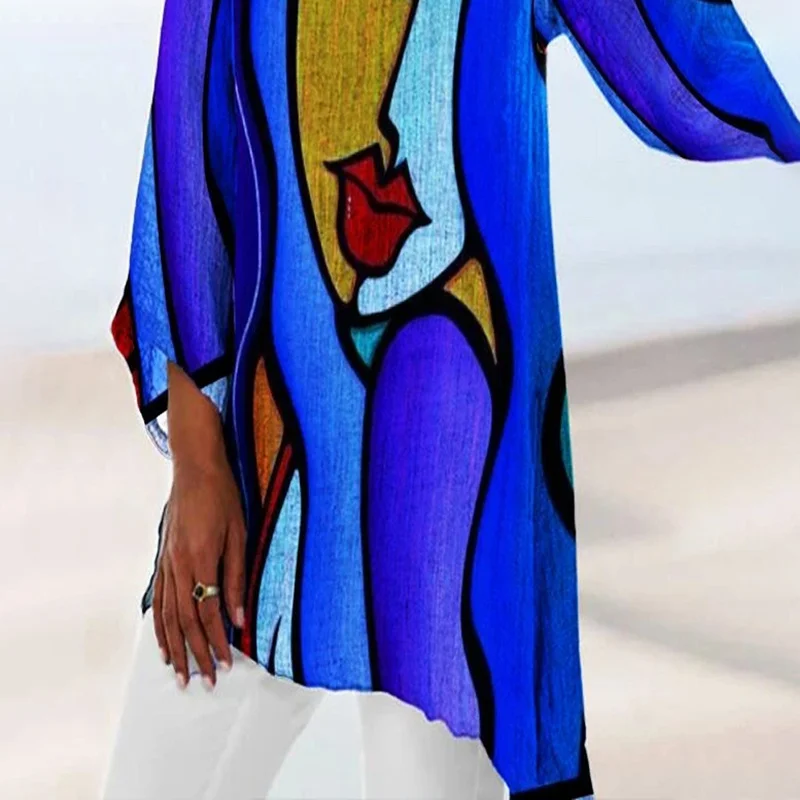 

2020 Autumn Over Size Blue A-Line Abstract Long Sleeve Blouses Women Solid Color O Neck Red Lip Print Loose Tops