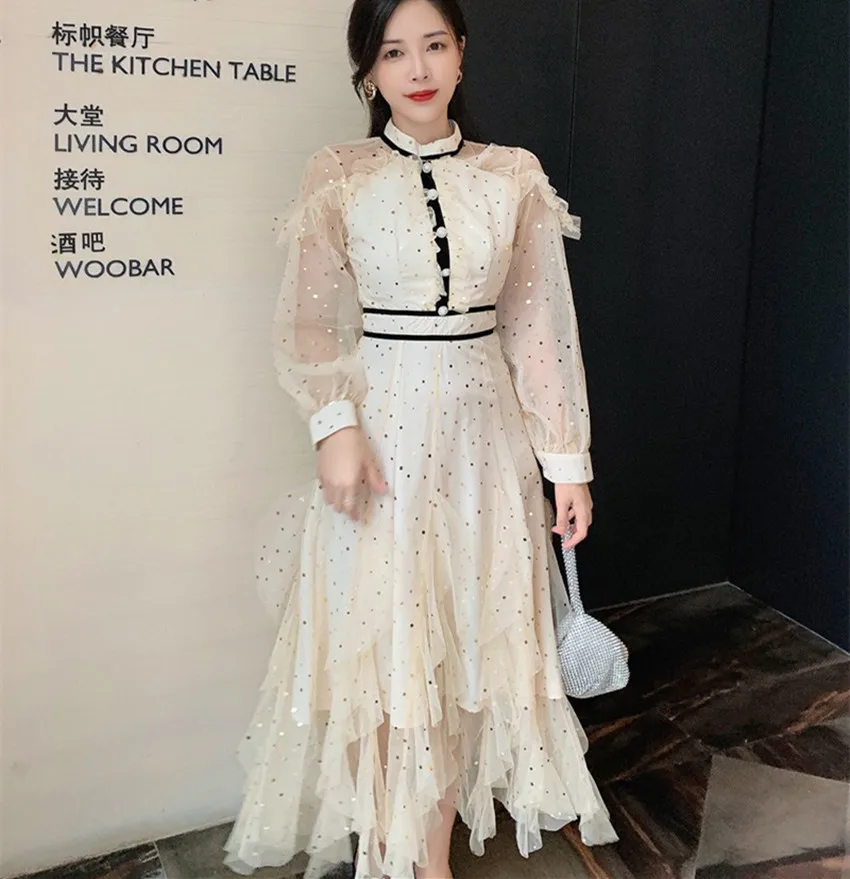 

JSXDHK 2021 New Autumn Runway Mesh Sequined Party Dress Fashion Women Stand Collar Pearl Button Ruffles Long Ball Gown Dresses