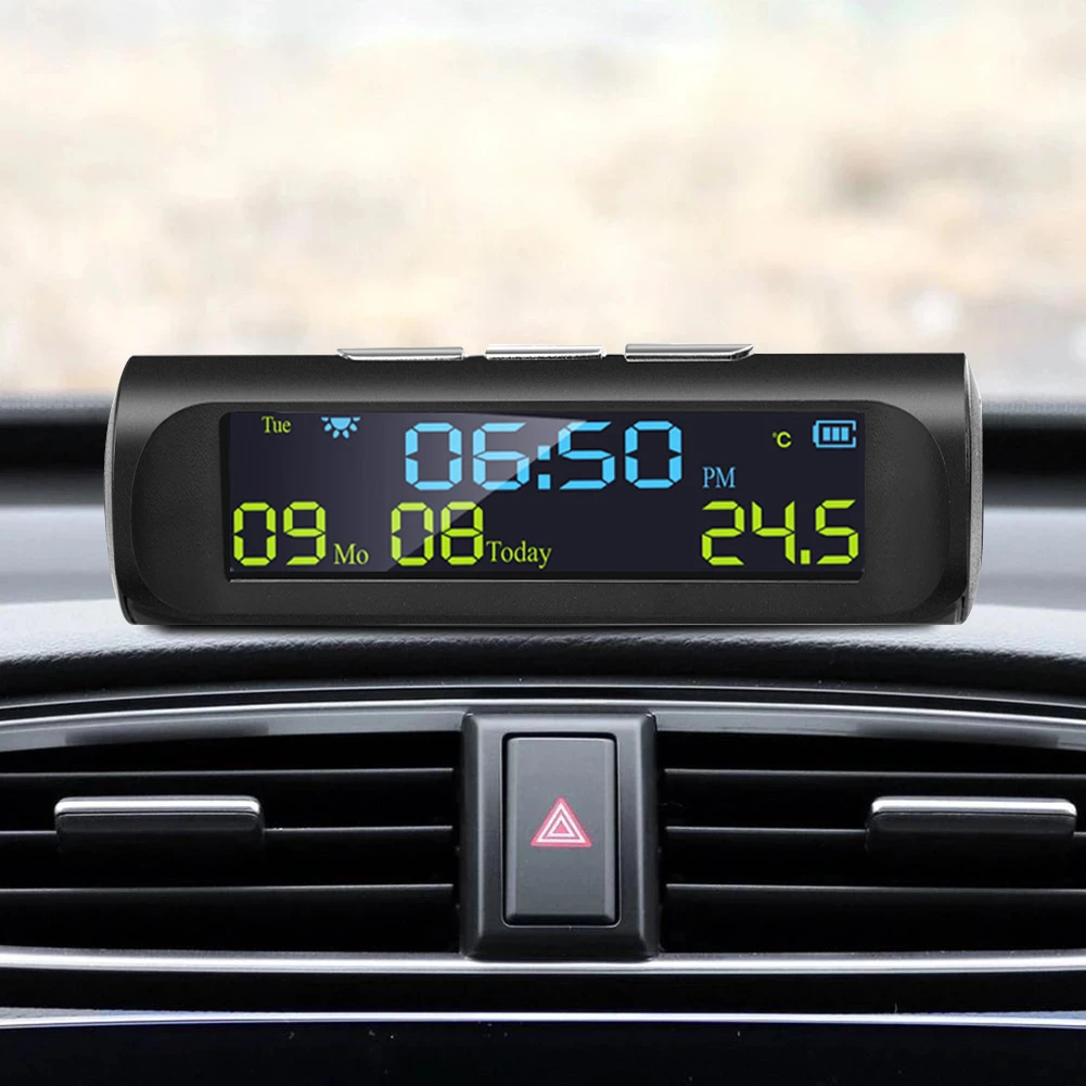 Solar Car Digital Clock With LCD Time Date In-Car Temperature Display for Outdoor Personal Car Part Decoration Car Accessories
