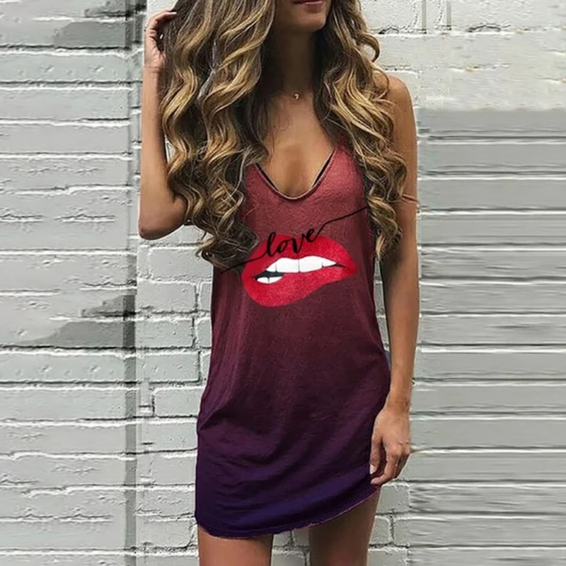 

S-5XL Deep V Neck Dress Women's Sleeveless Casual Loose Mini Dress Summer Print Plus Size Vest Dress