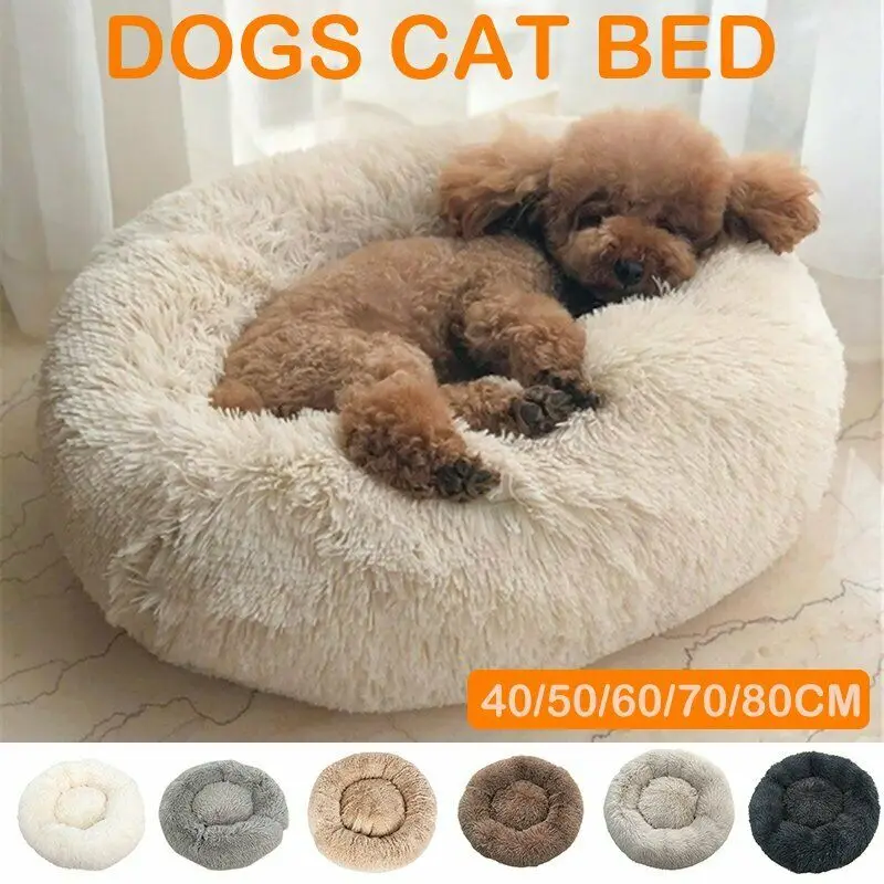 

50cm/70cm/100cm Donut Plush Pet Dog Cat Bed Fluffy Soft Warm Calming Bed Sleeping Kennel Nest