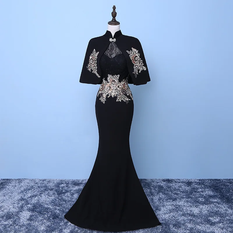 Черный Новое китайское традиционное платье женское тонкое Cheongsam вышивка Съемная шаль длинный Ципао вечернее платье Размер XS-3XL - Цвет: Черный