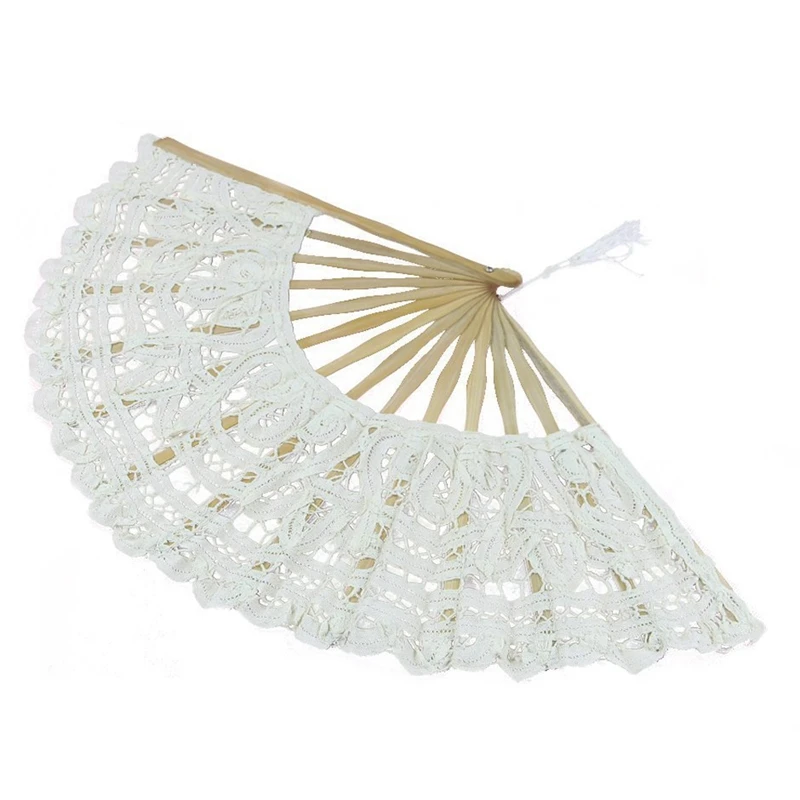 

Handmade Cotton Lace Folding Hand Fan for Party Bridal Wedding Decoration ( White)