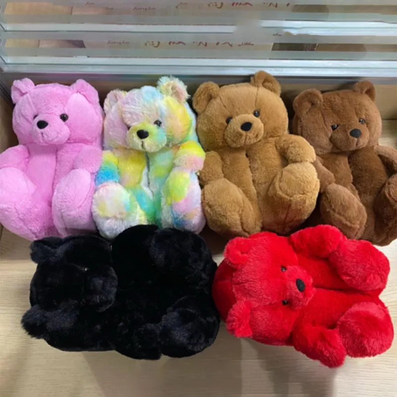 

Plush Teddy House Slippers Brown Women Home Indoor Soft Anti-slip Faux Fur Cute Fluffy Home Slippers Women Winter Warm Shoe 2021