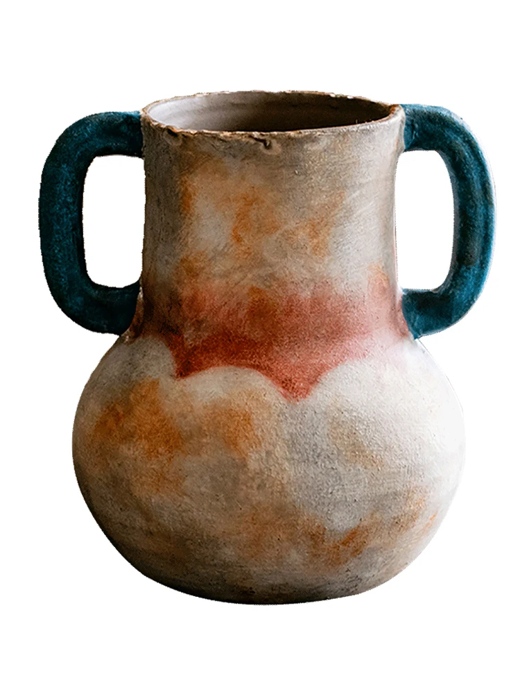 

Handmade Binaural Stoneware Vase Retro Dried Flower Arrangement Antique Living Room Dining Table Ceramic Art Deco Decoration