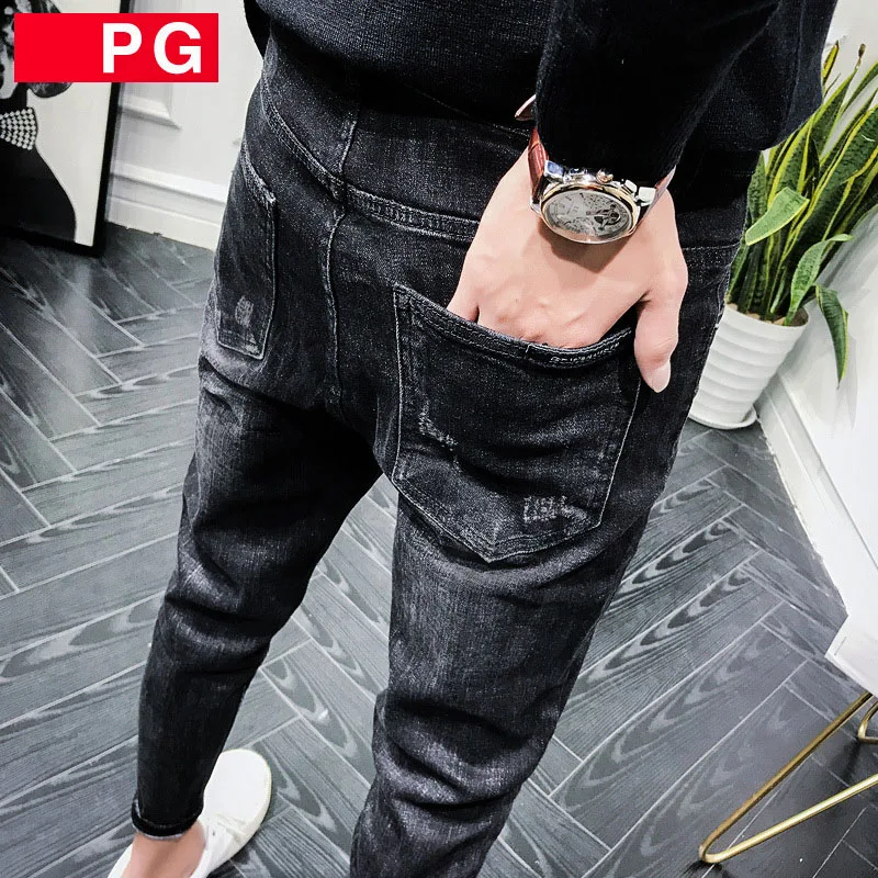 

Autumn and winter 2021 Fashion Casual black ripped jeans men's slim feet pants men's Korean wild thick teenager pencil trousers