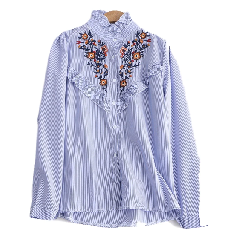 European fashion vintage floral embroidery blue striped shirts elegant ruffled neck long sleeved women casual tops blusas