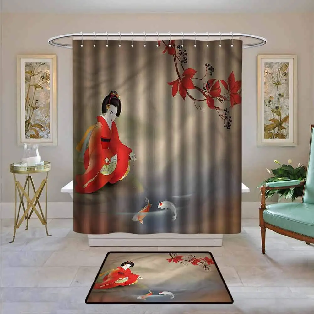 Женская Осенняя занавеска для ванной с листьями Koi Fish Geisha | Дом и сад