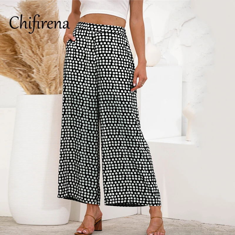 

Chifirena High Waist Polka Dot Pants Loose Straight Casual Trousers Female Pockets Vacation Beach Bohemian Pants Woman 2021