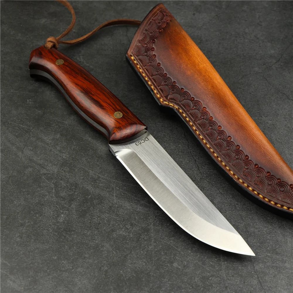 Открытый Кемпинг маленький прямой нож DC53 сталь желтый сандаловое дерево ручка