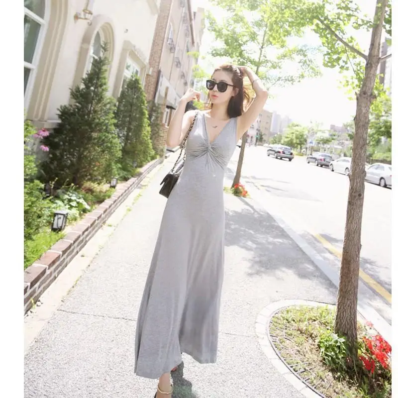 

2020 New Summer Women Korean Style Solid Personality V-Neck Tank Dresses Ladies Fashion Modal Pleated Long Dresses Vestidos T47
