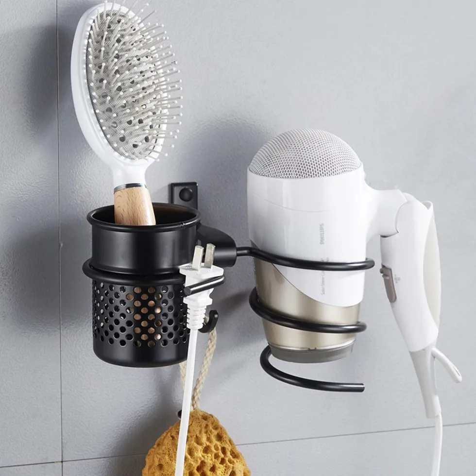 Черная стойка для фена с чашкой полки душа бытовая держатель алюминиевая полка