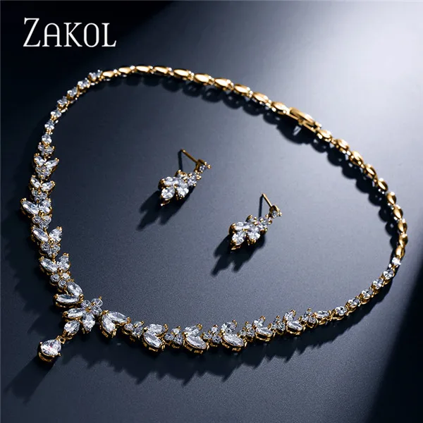 Gold Color ZAKOL простой модный белый цвет AAA+ CZ циркония лист серьги ожерелье набор для женщин Свадебные Ювелирные наборы FSSP180 - Окраска металла: Gold Color