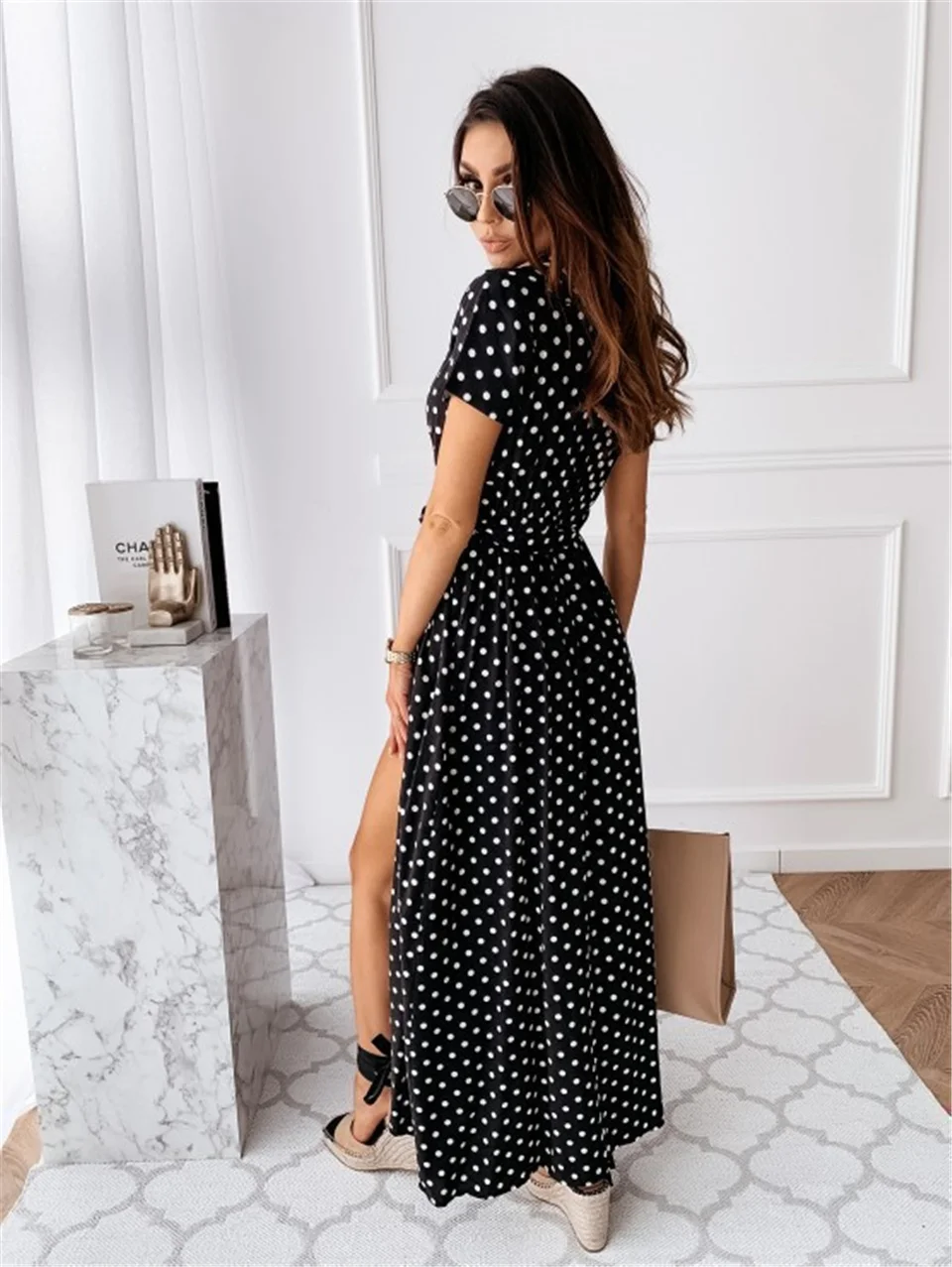 

Women Dresses Summer 2021 Fashion Polka Dot Split Boho Dress V-Neck Women Casual Beach Vacation Long Dresses Vestido De Mujer