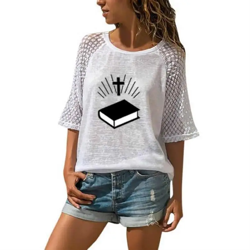 

New Larger Size Lace Crew Neck T-Shirt Summer Female Leisure 3/4 Sleeve T-Shirt Harajuku Faith Book Letters Print T-Shirt