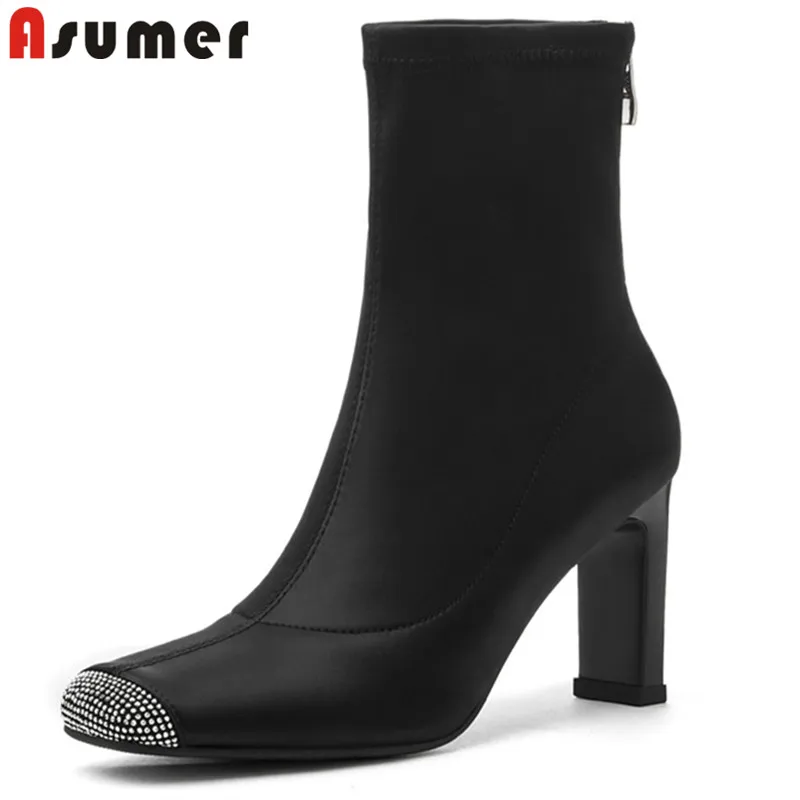 

ASUMER 2021 new arrive 8cm high heel party dress shoes women ankle boots square toe crystal zip spring autumn boots woman