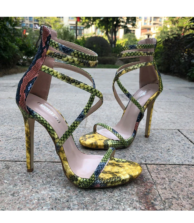 

Cross Roman sandals women's 2021 summer new waterproof platform snake skin thin heel sandals women's super high heels