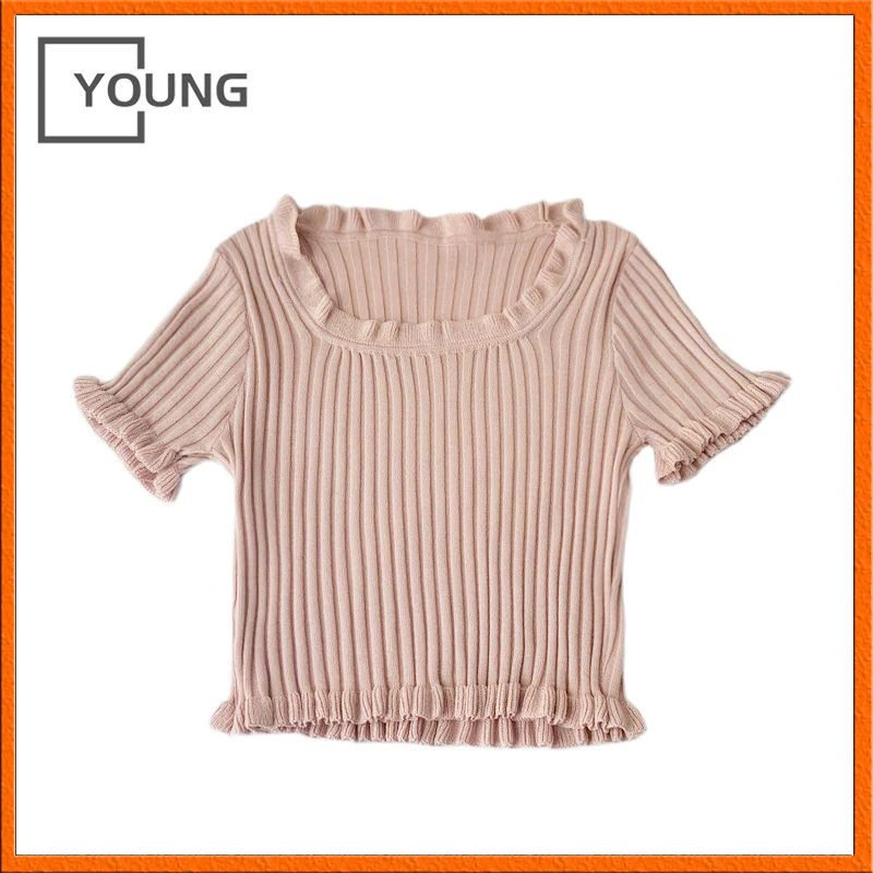 

YOUNG Off Shoulder Knitted Ruffle Hem Crop Tops Short Sleeve T-shirts For Women