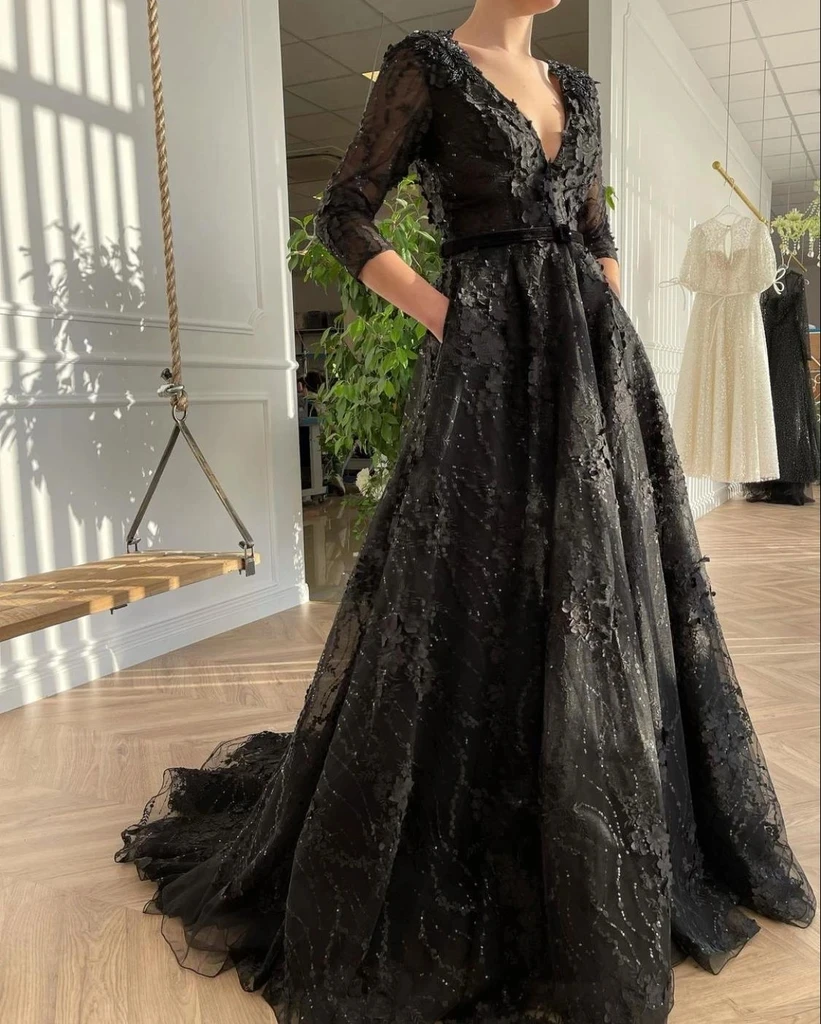 

Black Moroccan Muslim Evening Dresses A-line V-neck 3/4 Sleeves Appliques Long Luxury Turkey Dubai Saudi Arabia Prom Dress Gown