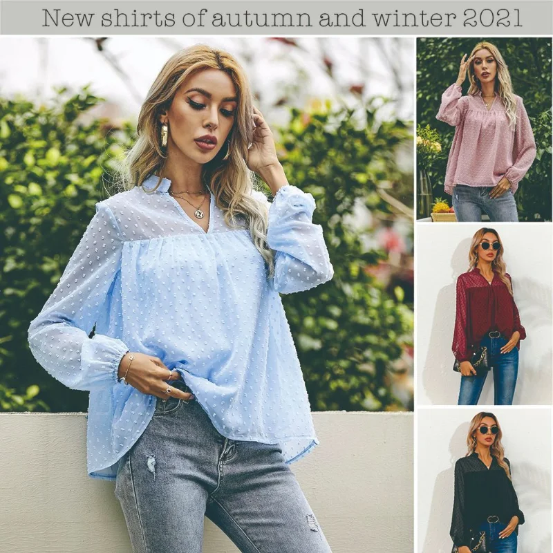 

Женская шифоновая блузка с вышивкой в горошек, с длинным рукавом