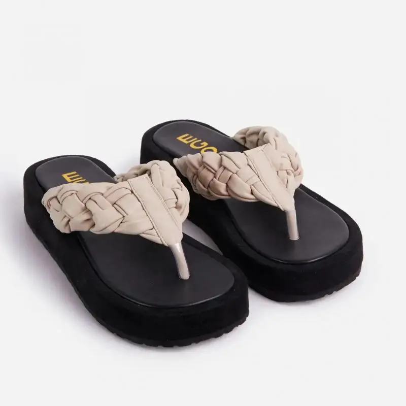 2021 Thick Sole Fashion Shoes Women Flip Flops Clip Open Toe Braiding Flat Slides Home Outside Casual Slipper Platform Size 43