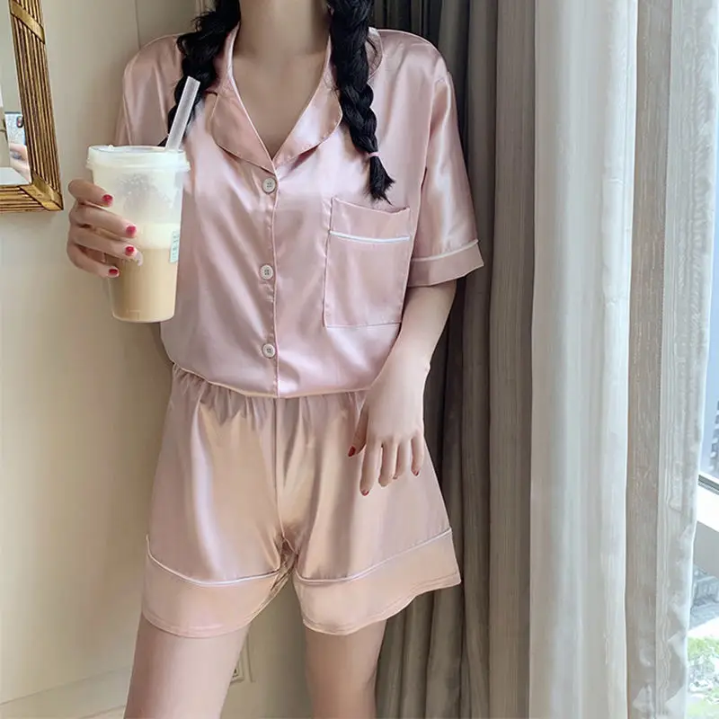 QWEEK Silk Pajamas for Women Girls Summer 2021 Pyjamas Ensembles Femme Pink Soft Pijamas Sweet Sleepwear Short Sleeve Homewear