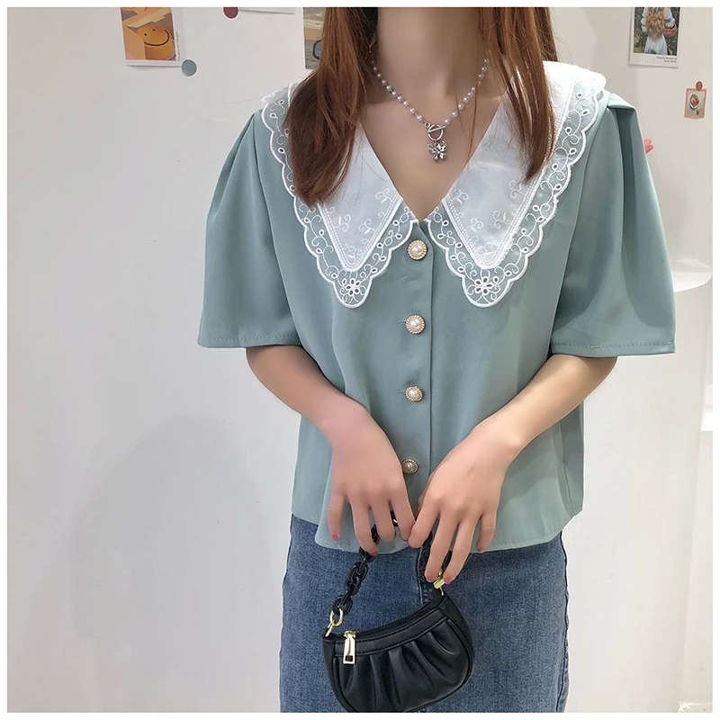 

HziriP Summer New Fashion Ladies Shirt 2021 Single-Breasted Gentle Korean Loose Peter Pan Collar Lace Short-Sleeved Blouses