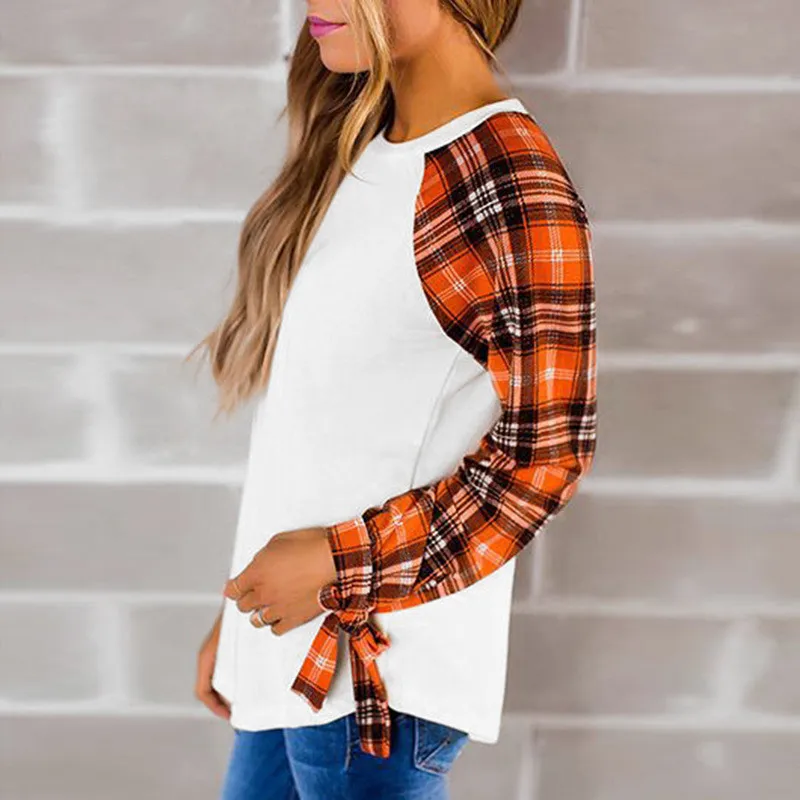 2019 плюс размер v образным вырезом клетчатая блузка кофта с принтом женские