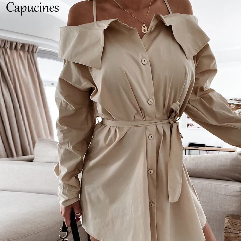 

Capucines, модное сексуальное платье-рубашка на бретельках с открытыми плечами, женское однотонное однобортное мини-платье с длинным рукавом и ...