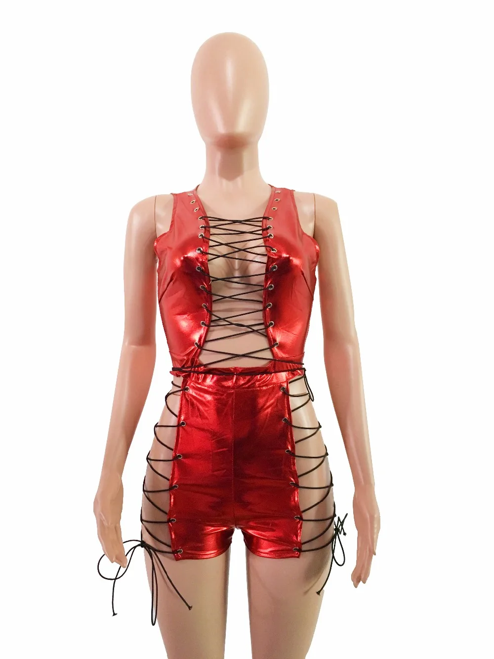 Сексуальный короткий комбинезон без рукавов на шнуровке из искусственной кожи