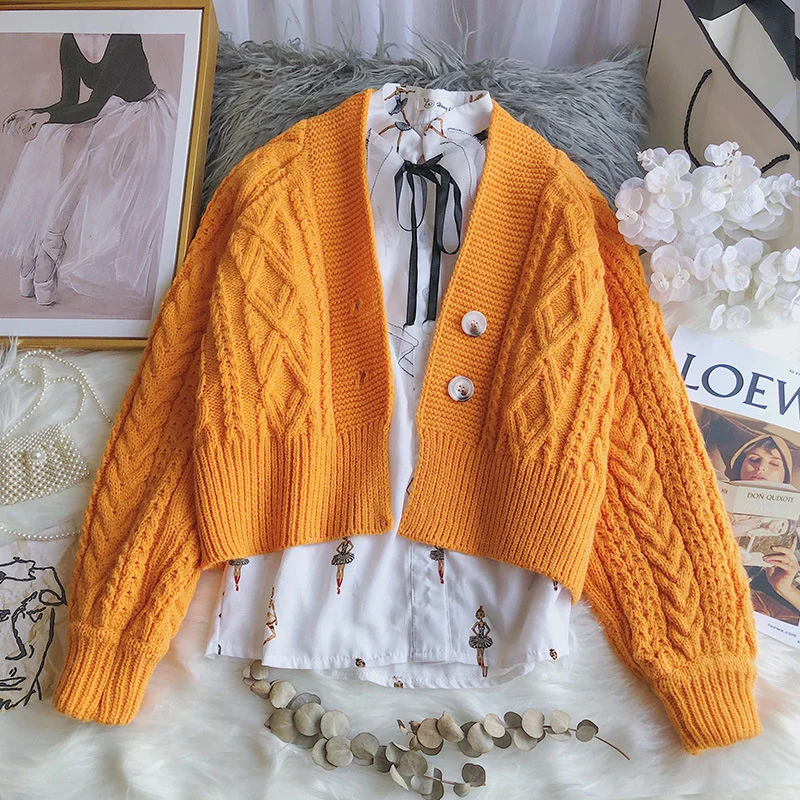 

Women's Sweater Coat 2020 Autumn and Winter Knitwear New Short Linen Flower Color V-neck Loose Thick Knit Cardigan